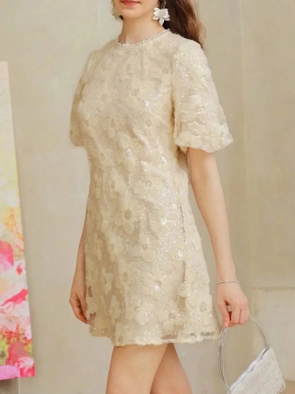 Cream Sequin Floral Applique Mini Dress with Puff Sleeves